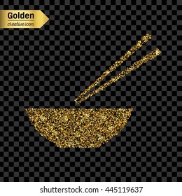 Gold glitter vector icon of chinese noodles isolated on background. Art creative concept illustration for web, glow light confetti, bright sequins, sparkle tinsel, abstract bling, shimmer dust, foil.