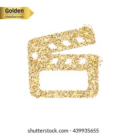 Gold glitter vector icon of clapboard isolated on background. Art creative concept illustration for web, glow light confetti, bright sequins, sparkle tinsel, abstract bling, shimmer dust, foil.