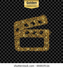 Gold glitter vector icon of clapboard isolated on background. Art creative concept illustration for web, glow light confetti, bright sequins, sparkle tinsel, abstract bling, shimmer dust, foil.