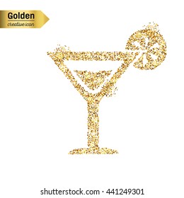 Gold glitter vector icon of cocktail isolated on background. Art creative concept illustration for web, glow light confetti, bright sequins, sparkle tinsel, abstract bling, shimmer dust, foil.