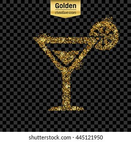 Gold glitter vector icon of cocktail isolated on background. Art creative concept illustration for web, glow light confetti, bright sequins, sparkle tinsel, abstract bling, shimmer dust, foil.