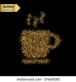Gold glitter vector icon of coffee cup isolated on background. Art creative concept illustration for web, glow light confetti, bright sequins, sparkle tinsel, abstract bling, shimmer dust, foil.
