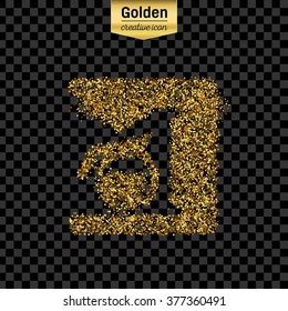 Gold glitter vector icon of coffee maker isolated on background. Art creative concept illustration for web, glow light confetti, bright sequins, sparkle tinsel, abstract bling, shimmer dust, foil.