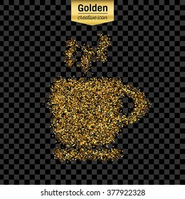Gold glitter vector icon of coffee cup isolated on background. Art creative concept illustration for web, glow light confetti, bright sequins, sparkle tinsel, abstract bling, shimmer dust, foil.