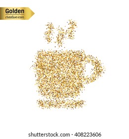 Gold glitter vector icon of coffee cup isolated on background. Art creative concept illustration for web, glow light confetti, bright sequins, sparkle tinsel, abstract bling, shimmer dust, foil.