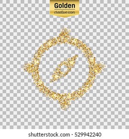 Gold glitter vector icon of compass isolated on background. Art creative concept illustration for web, glow light confetti, bright sequins, sparkle tinsel, abstract bling, shimmer dust, foil.