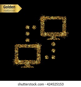 Gold glitter vector icon of computer isolated on background. Art creative concept illustration for web, glow light confetti, bright sequins, sparkle tinsel, abstract bling, shimmer dust, foil.