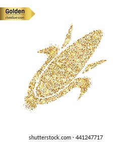 Gold glitter vector icon of corn on the cob isolated on background. Art creative concept illustration for web, glow light confetti, bright sequins, sparkle tinsel, abstract bling, shimmer dust, foil.