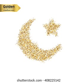 Gold glitter vector icon of Crescent Islamic isolated on background. Art creative concept illustration for web, glow light confetti, bright sequins, sparkle tinsel, abstract bling, shimmer dust, foil.