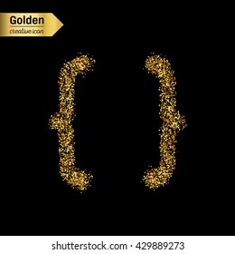 Gold glitter vector icon of curly bracket isolated on background. Art creative concept illustration for web, glow light confetti, bright sequins, sparkle tinsel, abstract bling, shimmer dust, foil.
