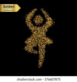 Gold glitter vector icon of dance girl isolated on background. Art creative concept illustration for web, glow light confetti, bright sequins, sparkle tinsel, abstract bling, shimmer dust, foil.