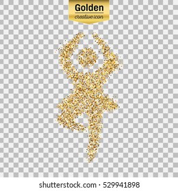 Gold glitter vector icon of dance girl isolated on background. Art creative concept illustration for web, glow light confetti, bright sequins, sparkle tinsel, abstract bling, shimmer dust, foil.