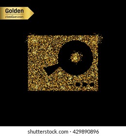 Gold glitter vector icon of DJ mixer table isolated on background. Art creative concept illustration for web, glow light confetti, bright sequins, sparkle tinsel, abstract bling, shimmer dust, foil.