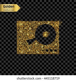 Gold glitter vector icon of DJ mixer table isolated on background. Art creative concept illustration for web, glow light confetti, bright sequins, sparkle tinsel, abstract bling, shimmer dust, foil.
