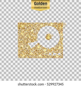 Gold glitter vector icon of DJ mixer table isolated on background. Art creative concept illustration for web, glow light confetti, bright sequins, sparkle tinsel, abstract bling, shimmer dust, foil.