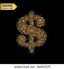 Gold glitter vector icon of dollar isolated on background. Art creative concept illustration for web, glow light confetti, bright sequins, sparkle tinsel, abstract bling, shimmer dust, foil.