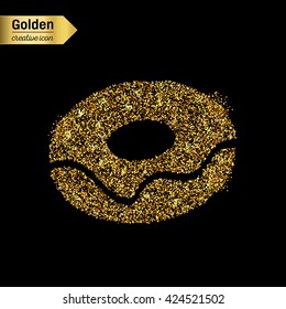 Gold glitter vector icon of donut isolated on background. Art creative concept illustration for web, glow light confetti, bright sequins, sparkle tinsel, abstract bling, shimmer dust, foil.