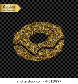 Gold glitter vector icon of donut isolated on background. Art creative concept illustration for web, glow light confetti, bright sequins, sparkle tinsel, abstract bling, shimmer dust, foil.
