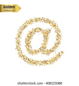 Gold glitter vector icon of e-mail isolated on background. Art creative concept illustration for web, glow light confetti, bright sequins, sparkle tinsel, abstract bling, shimmer dust, foil