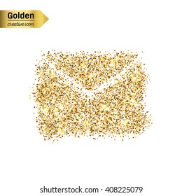 Gold glitter vector icon of envelope isolated on background. Art creative concept illustration for web, glow light confetti, bright sequins, sparkle tinsel, abstract bling, shimmer dust, foil