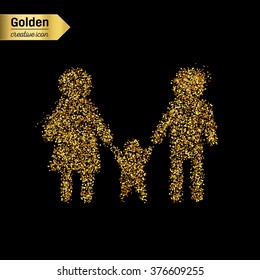 Gold glitter vector icon of family isolated on background. Art creative concept illustration for web, glow light confetti, bright sequins, sparkle tinsel, abstract bling, shimmer dust, foil.