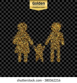 Gold glitter vector icon of family isolated on background. Art creative concept illustration for web, glow light confetti, bright sequins, sparkle tinsel, abstract bling, shimmer dust, foil.