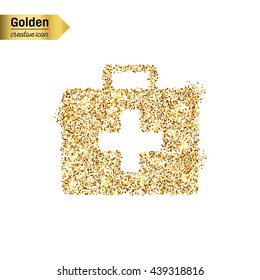 Gold glitter vector icon of first aid isolated on background. Art creative concept illustration for web, glow light confetti, bright sequins, sparkle tinsel, abstract bling, shimmer dust, foil.