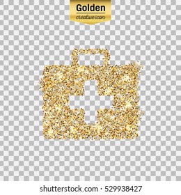 Gold glitter vector icon of first aid isolated on background. Art creative concept illustration for web, glow light confetti, bright sequins, sparkle tinsel, abstract bling, shimmer dust, foil.