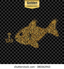Gold glitter vector icon of fishing isolated on background. Art creative concept illustration for web, glow light confetti, bright sequins, sparkle tinsel, abstract bling, shimmer dust, foil.