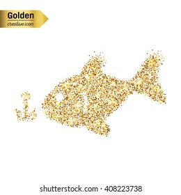 Gold glitter vector icon of fishing isolated on background. Art creative concept illustration for web, glow light confetti, bright sequins, sparkle tinsel, abstract bling, shimmer dust, foil.