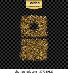 Gold glitter vector icon of fridge isolated on background. Art creative concept illustration for web, glow light confetti, bright sequins, sparkle tinsel, abstract bling, shimmer dust, foil.