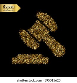 Gold glitter vector icon of gavel isolated on background. Art creative concept illustration for web, glow light confetti, bright sequins, sparkle tinsel, bling logo, shimmer dust, foil.