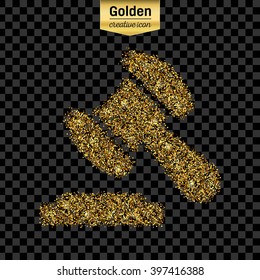 Gold glitter vector icon of gavel isolated on background. Art creative concept illustration for web, glow light confetti, bright sequins, sparkle tinsel, bling logo, shimmer dust, foil.
