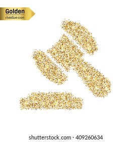 Gold glitter vector icon of gavel isolated on background.