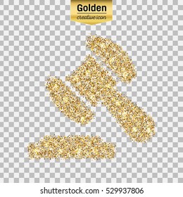 Gold glitter vector icon of gavel isolated on background. Art creative concept illustration for web, glow light confetti, bright sequins, sparkle tinsel, bling logo, shimmer dust, foil.