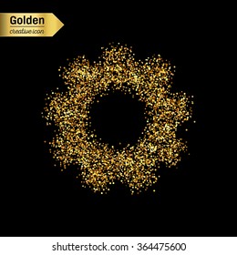 Gold glitter vector icon of gear wheel isolated on background. Art creative concept illustration for web, glow light confetti, bright sequins, sparkle tinsel, abstract bling, shimmer dust, foil.