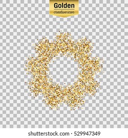 Gold glitter vector icon of gear wheel isolated on background. Art creative concept illustration for web, glow light confetti, bright sequins, sparkle tinsel, abstract bling, shimmer dust, foil.