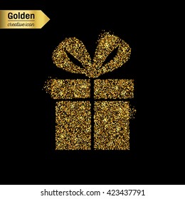 Gold glitter vector icon of gift box isolated on background.