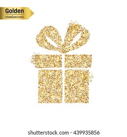 Gold glitter vector icon of gift box isolated on background. Art creative concept illustration for web, glow light confetti, bright sequins, sparkle tinsel, abstract bling, shimmer dust, foil.