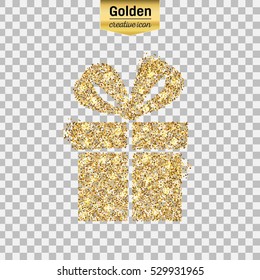 Gold glitter vector icon of gift box isolated on background. Art creative concept illustration for web, glow light confetti, bright sequins, sparkle tinsel, abstract bling, shimmer dust, foil.