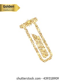 Gold glitter vector icon of glass bulb isolated on background. Art creative concept illustration for web, glow light confetti, bright sequins, sparkle tinsel, abstract bling, shimmer dust, foil.