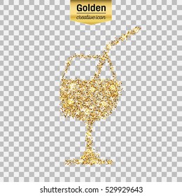 Gold glitter vector icon of a glass of drink isolated on background. Art creative concept illustration for web, glow light confetti, bright sequins, sparkle tinsel, abstract bling, shimmer dust, foil.