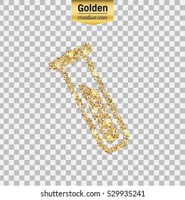 Gold glitter vector icon of glass bulb isolated on background. Art creative concept illustration for web, glow light confetti, bright sequins, sparkle tinsel, abstract bling, shimmer dust, foil.