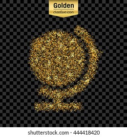 Gold glitter vector icon of globe isolated on background. Art creative concept illustration for web, glow light confetti, bright sequins, sparkle tinsel, abstract bling, shimmer dust, foil.