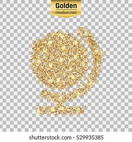 Gold glitter vector icon of globe isolated on background. Art creative concept illustration for web, glow light confetti, bright sequins, sparkle tinsel, abstract bling, shimmer dust, foil.