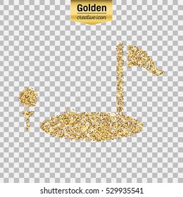 Gold glitter vector icon of golf isolated on background. Art creative concept illustration for web, glow light confetti, bright sequins, sparkle tinsel, abstract bling, shimmer dust, foil.