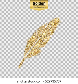 Gold glitter vector icon of goose quill isolated on background. Art creative concept illustration for web, glow light confetti, bright sequins, sparkle tinsel, abstract bling, shimmer dust, foil.
