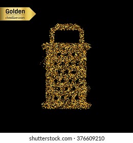 Gold glitter vector icon of grater isolated on background. Art creative concept illustration for web, glow light confetti, bright sequins, sparkle tinsel, abstract bling, shimmer dust, foil.
