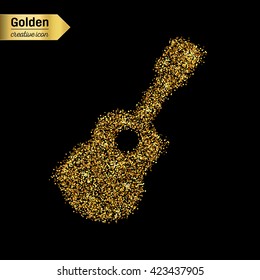 Gold glitter vector icon of guitar isolated on background.