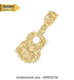 Gold glitter vector icon of guitar isolated on background. Art creative concept illustration for web, glow light confetti, bright sequins, sparkle tinsel, abstract bling, shimmer dust, foil.